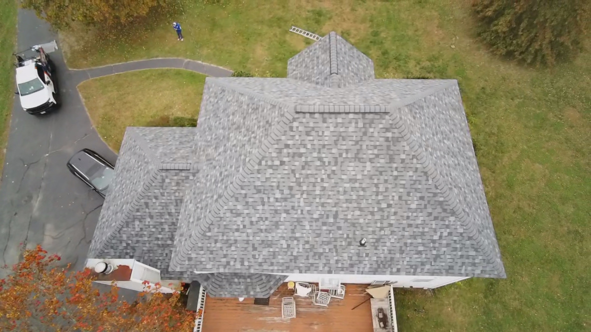 Aerial photo of a roof A-Z Roofing installed, as it looks today